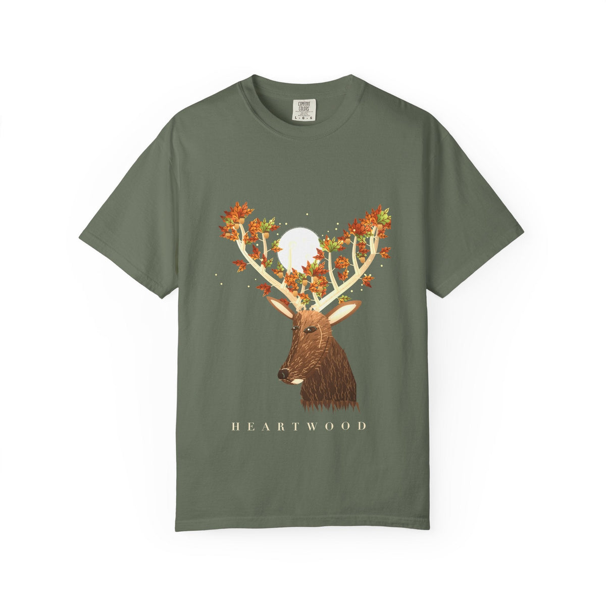 Heartwood tee: a stag whose antlers grow into an autumn oak, original art by AuraCanvas