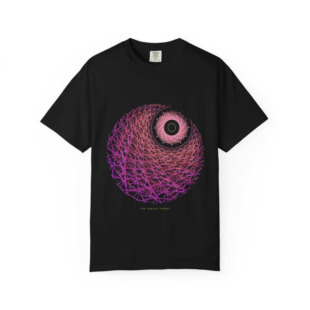 The Vortex Tunnel graphic tee in Black, original art by AuraCanvas