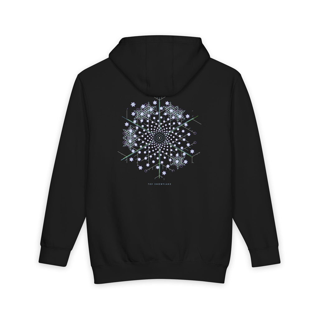 The Snowflake heavyweight hoodie in Black, original art by AuraCanvas