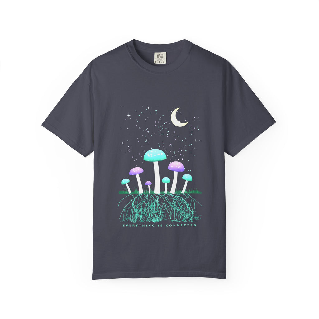 Moonlit Mycelium graphic tee in Navy, original art by AuraCanvas