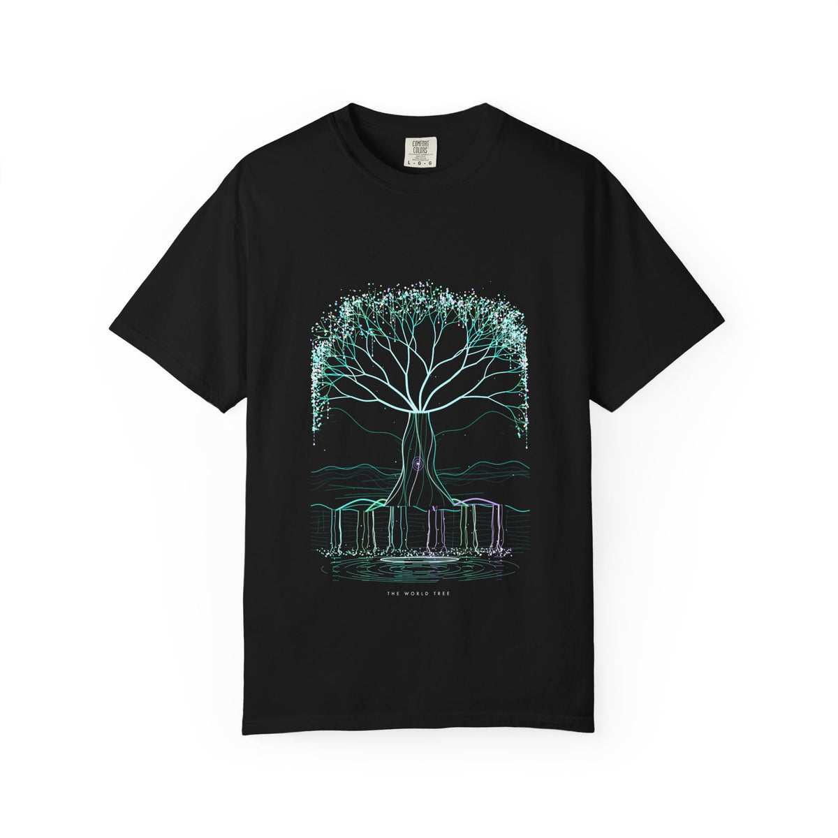 The World Tree graphic tee in Black, original art by AuraCanvas