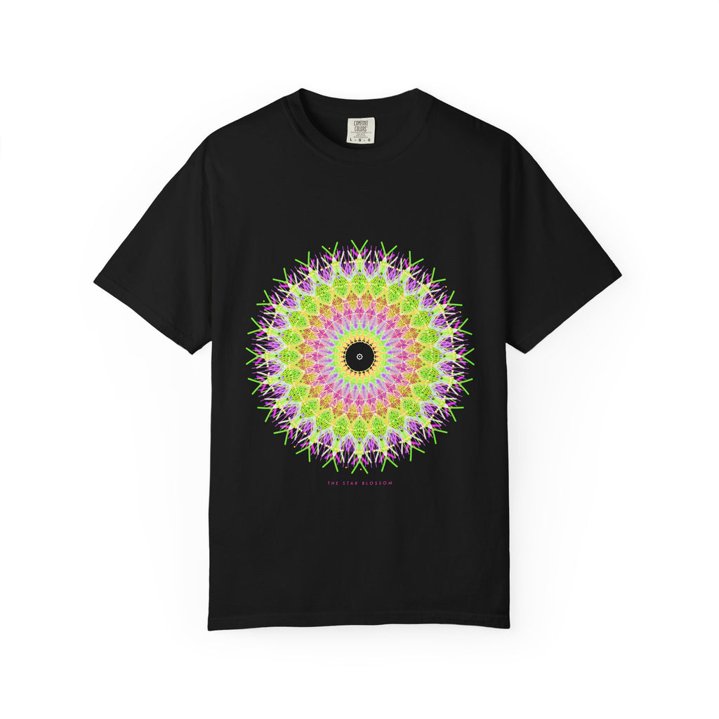 The Star Blossom graphic tee in Black, original art by AuraCanvas