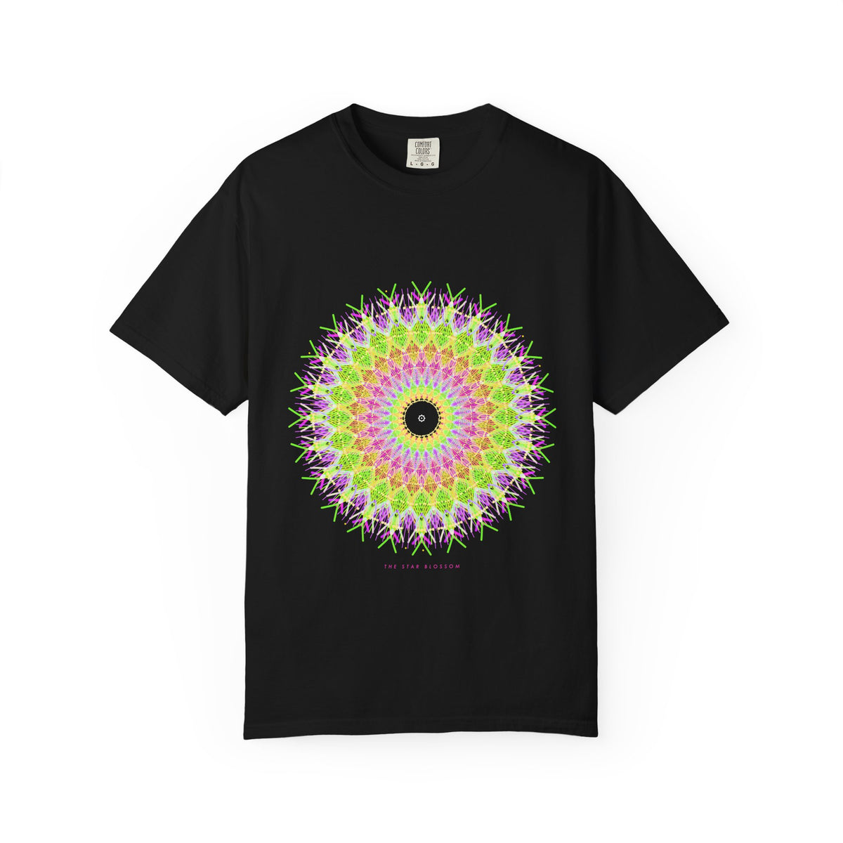 The Star Blossom graphic tee in Black, original art by AuraCanvas
