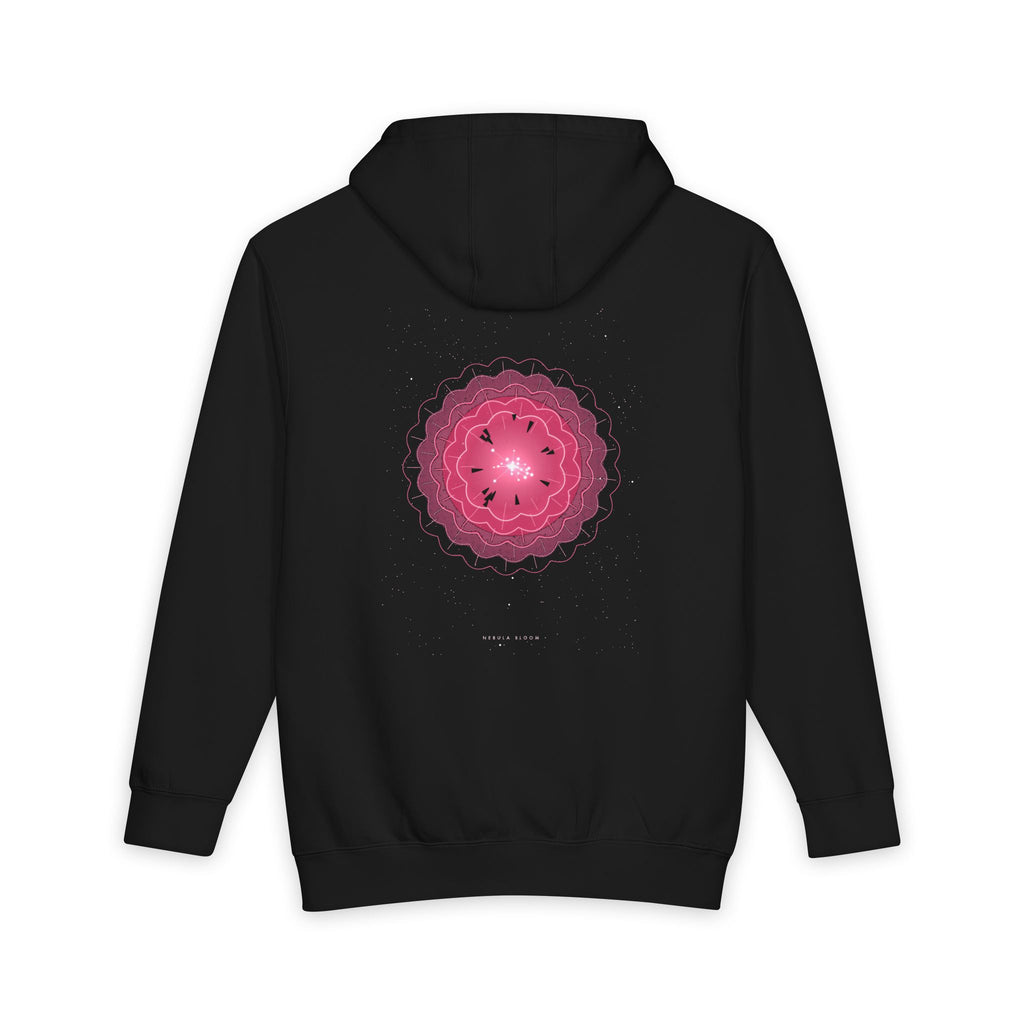 Nebula Bloom heavyweight hoodie in Black, original art by AuraCanvas