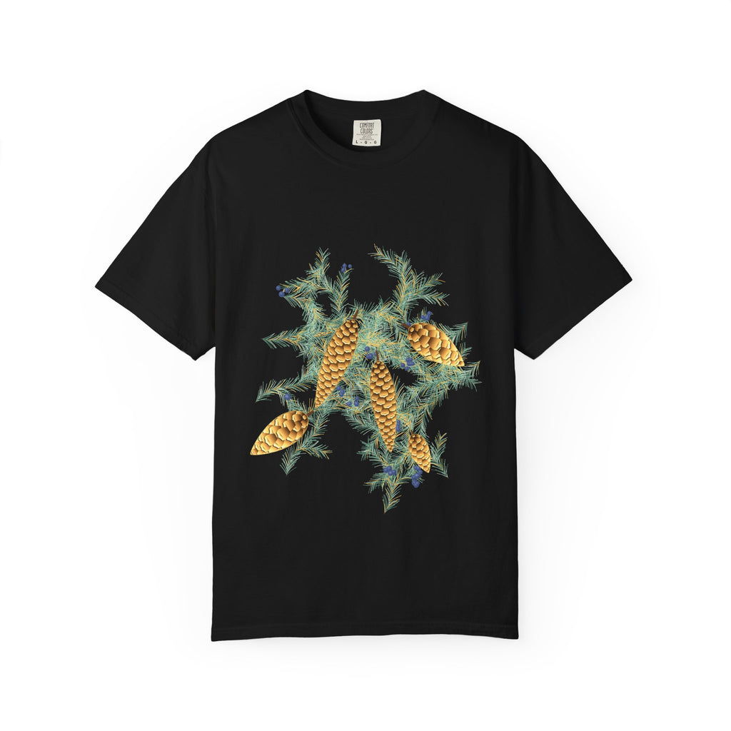 Gilded Evergreen graphic tee in Black, original art by AuraCanvas