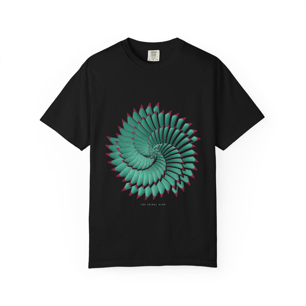 The Spiral Aloe graphic tee in Black, original art by AuraCanvas