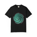 The Spiral Aloe graphic tee in Black, original art by AuraCanvas