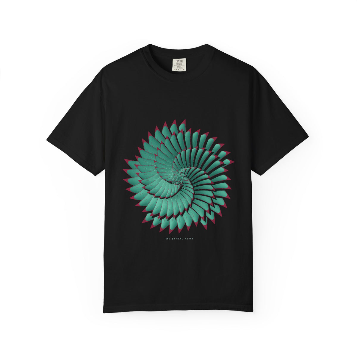 The Spiral Aloe graphic tee in Black, original art by AuraCanvas