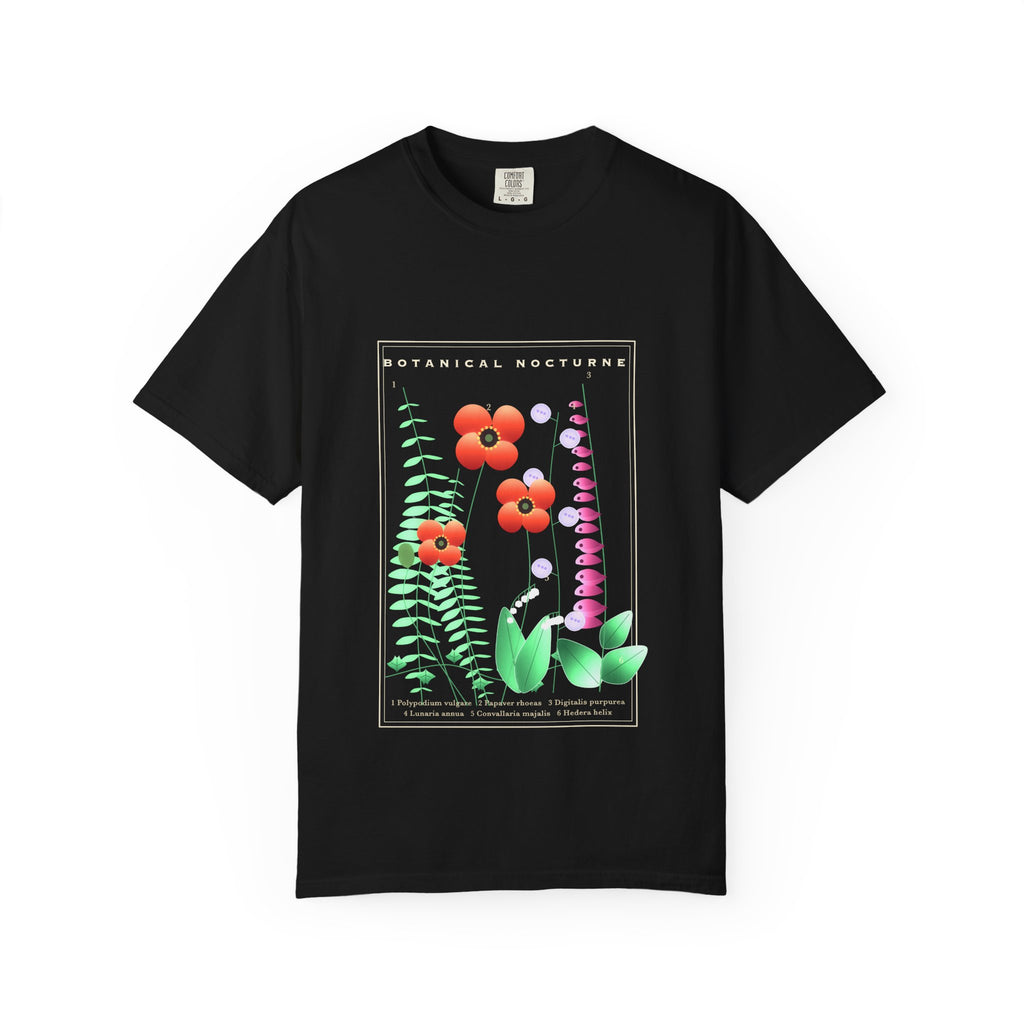 Botanical Nocturne graphic tee in Black, original art by AuraCanvas