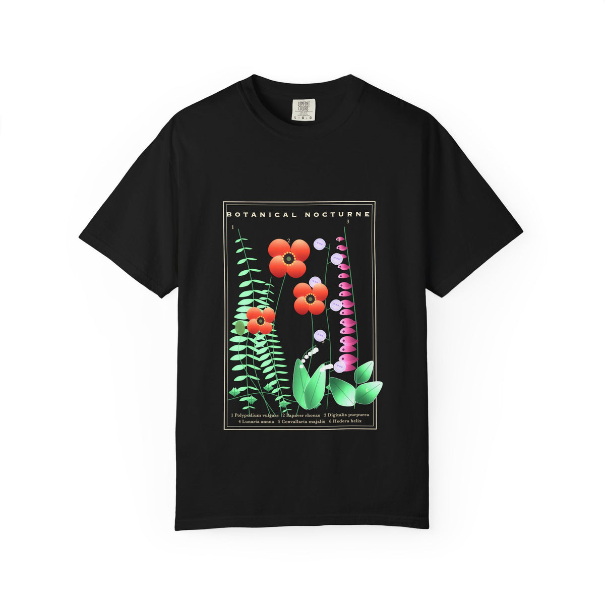 Botanical Nocturne graphic tee in Black, original art by AuraCanvas