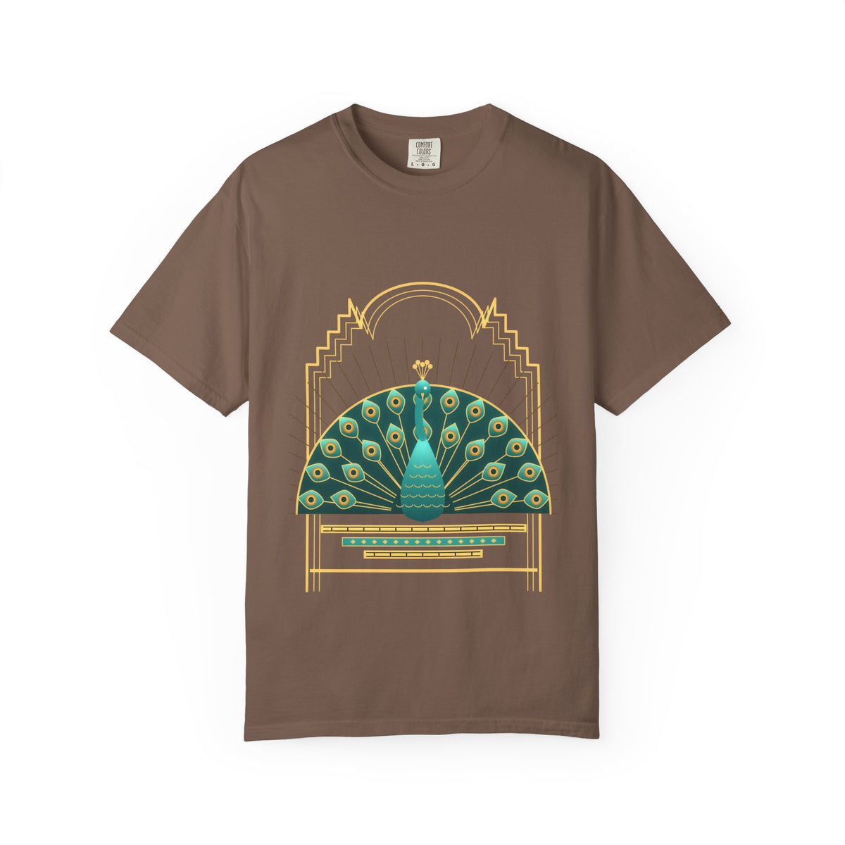 Deco Peacock graphic tee in Espresso, original art by AuraCanvas
