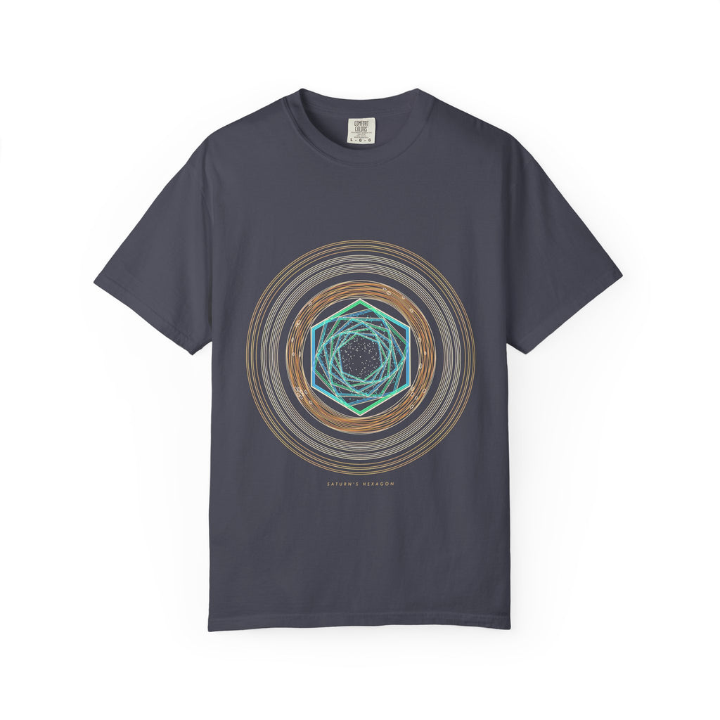Saturn's Hexagon graphic tee in Navy, original art by AuraCanvas