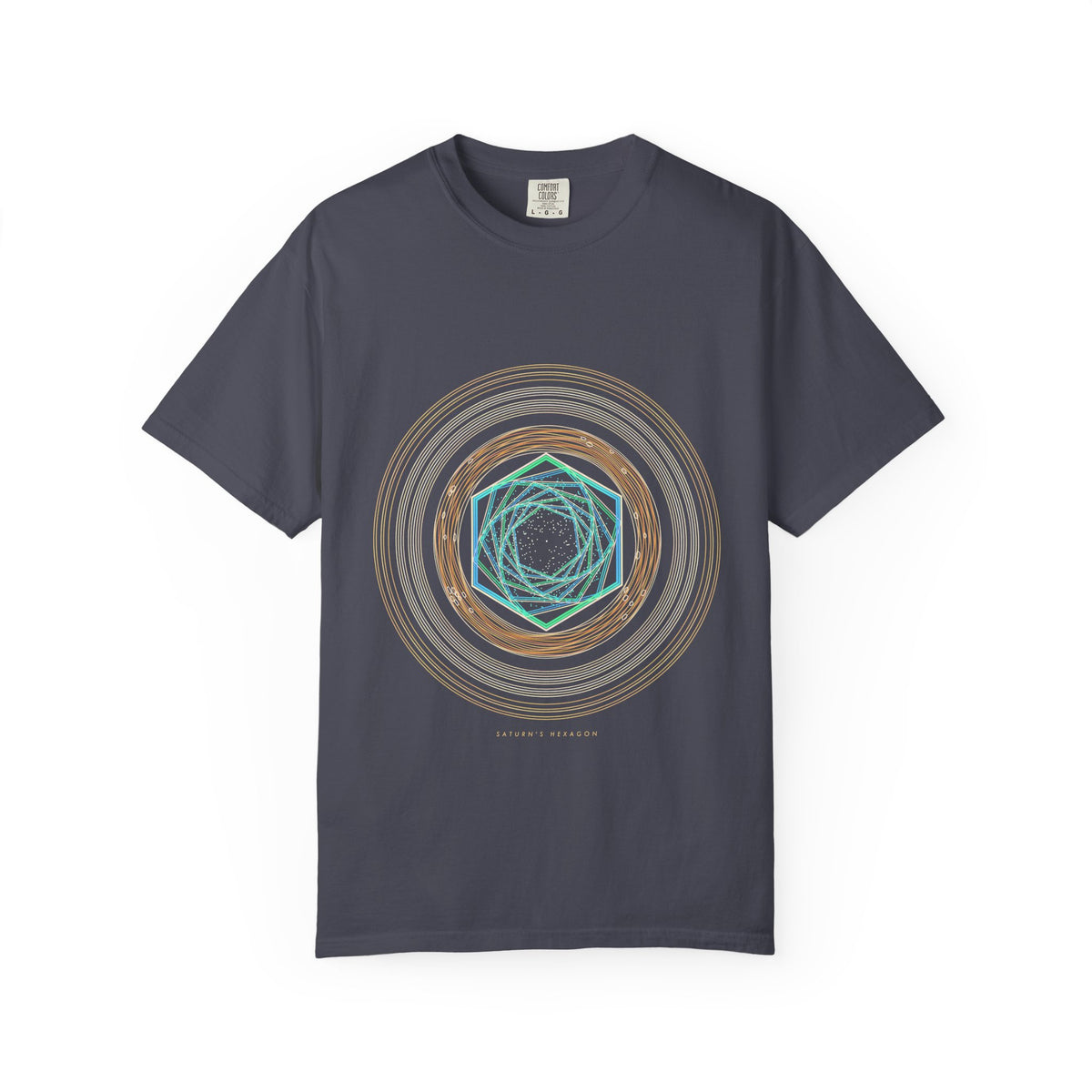 Saturn's Hexagon graphic tee in Navy, original art by AuraCanvas