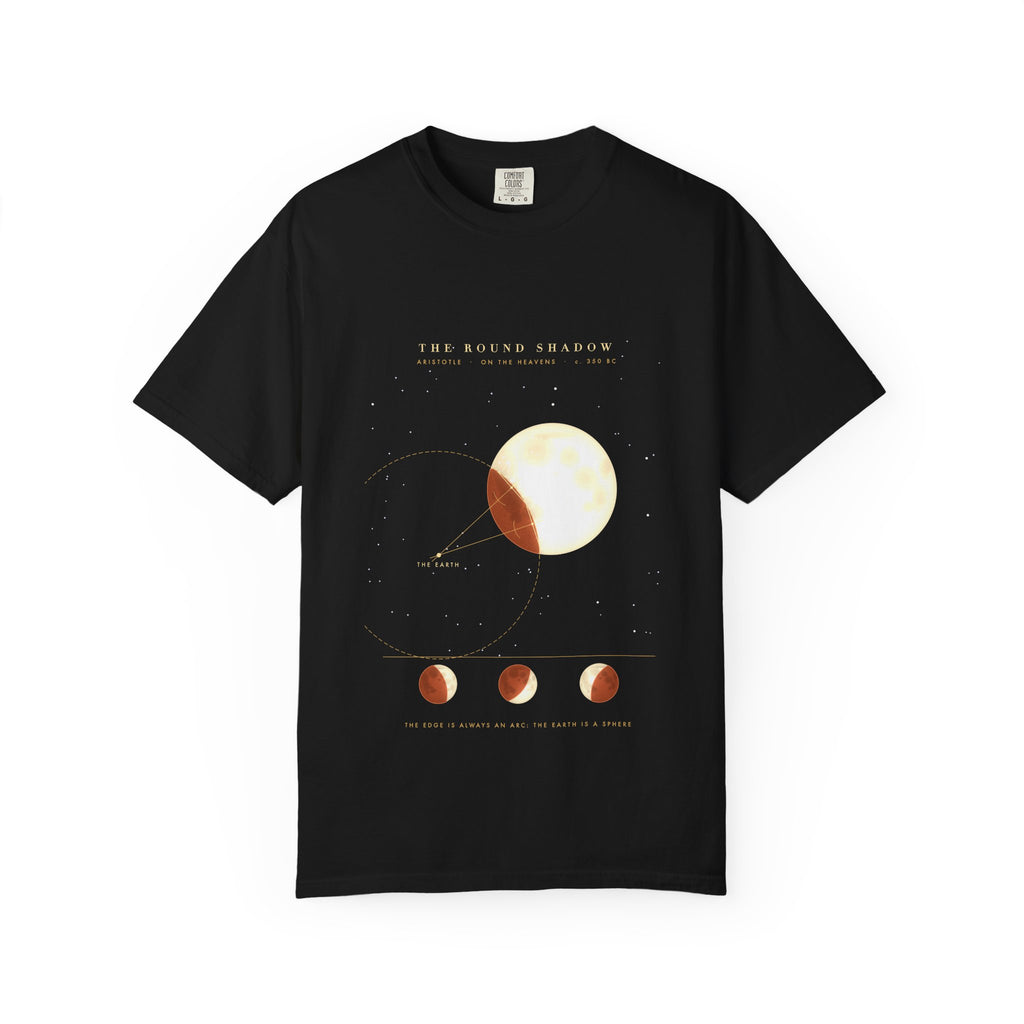 The Round Shadow graphic tee in Black, original art by AuraCanvas
