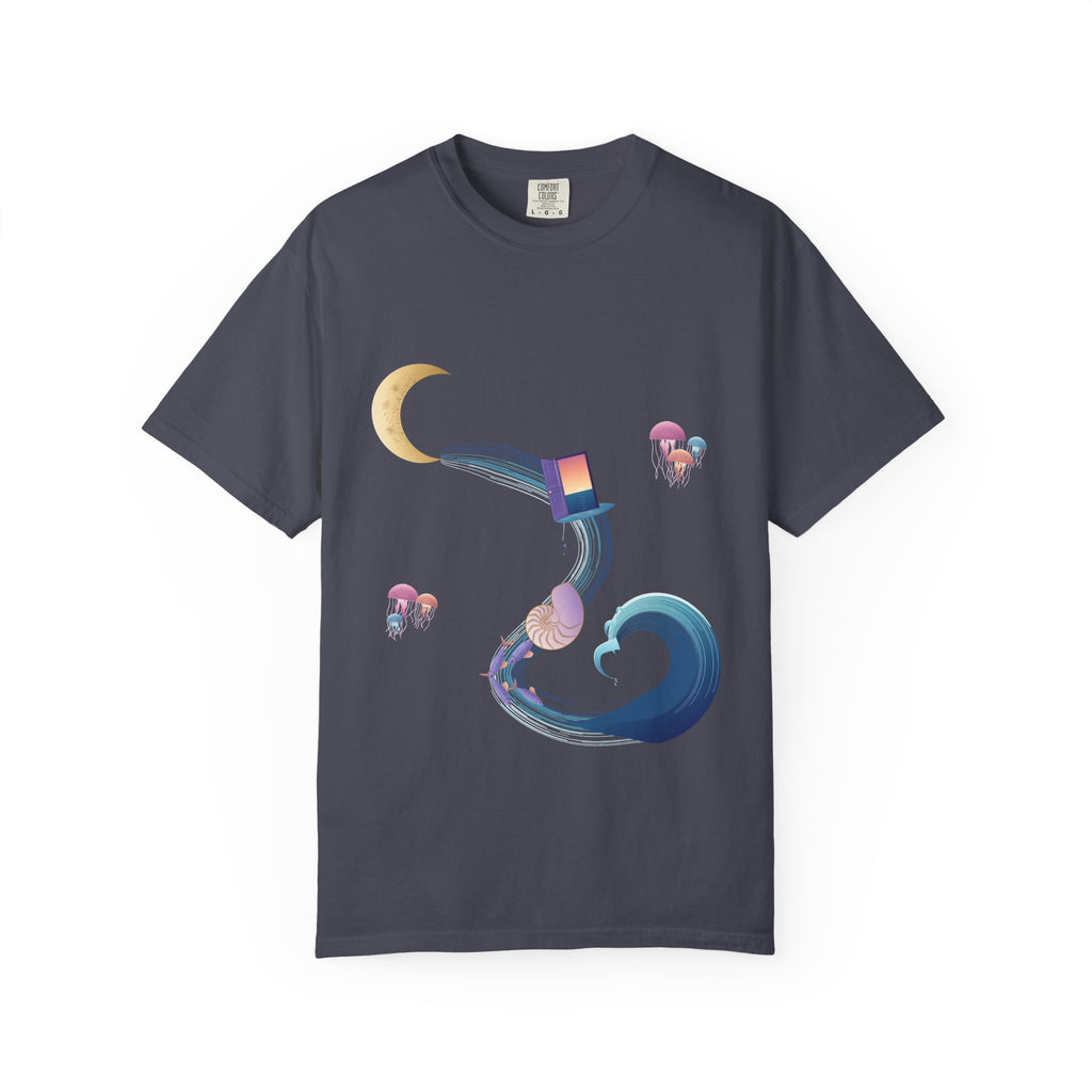 Dream Tide graphic tee in Navy, original art by AuraCanvas
