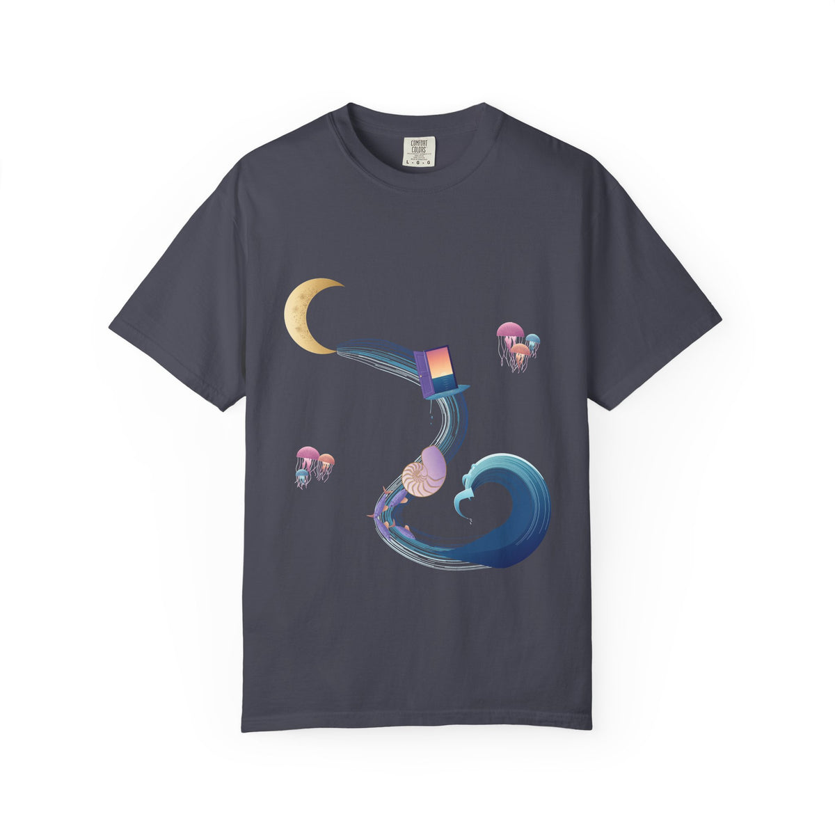 Dream Tide graphic tee in Navy, original art by AuraCanvas