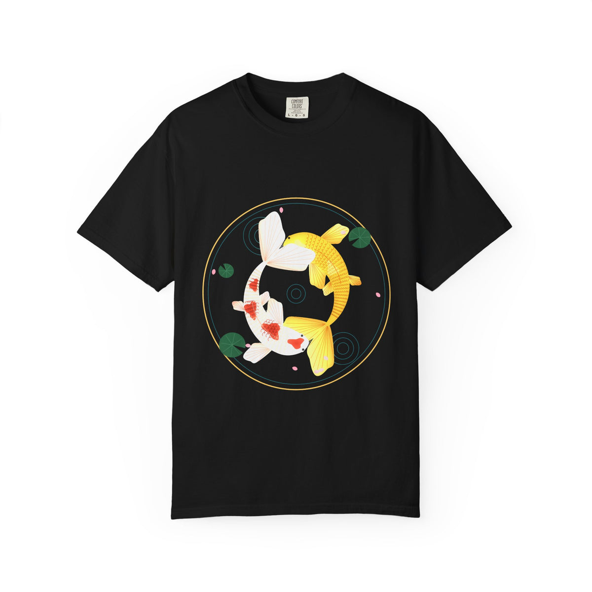 Koi Orbit graphic tee in Black, original art by AuraCanvas