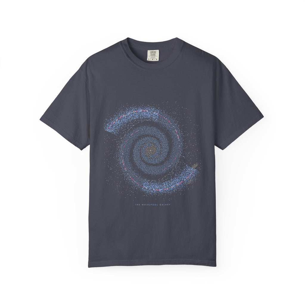 The Whirlpool Galaxy graphic tee in Navy, original art by AuraCanvas