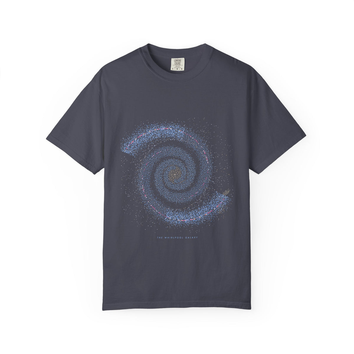 The Whirlpool Galaxy graphic tee in Navy, original art by AuraCanvas