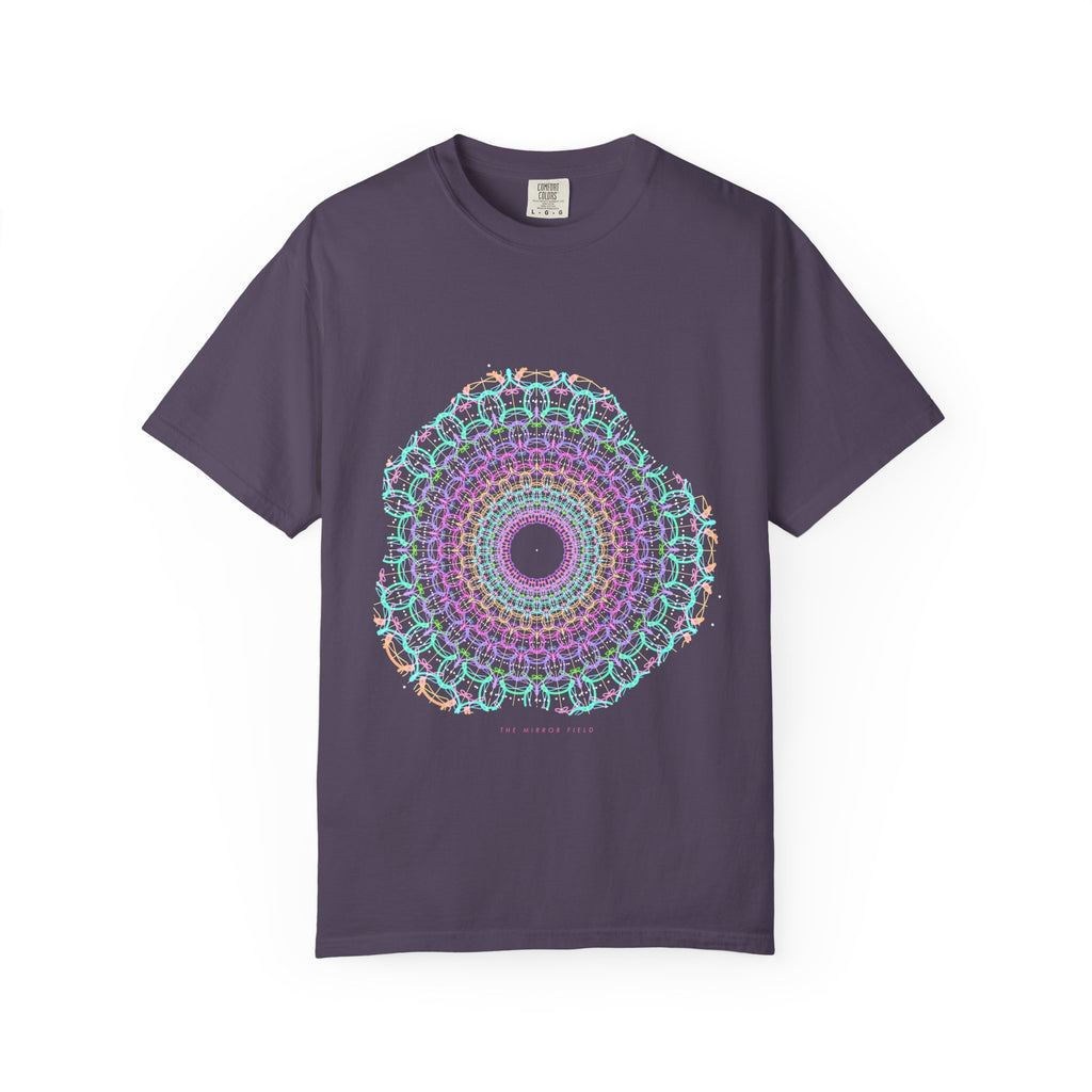 The Mirror Field graphic tee in Wine, original art by AuraCanvas