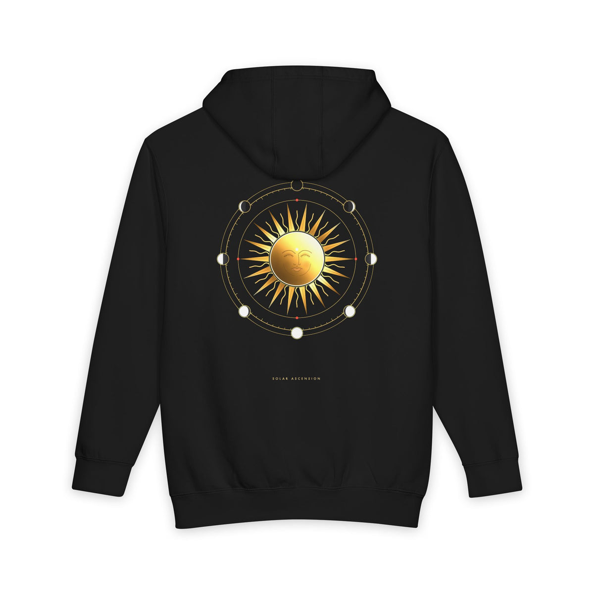 Solar Ascension heavyweight hoodie in Black, original art by AuraCanvas
