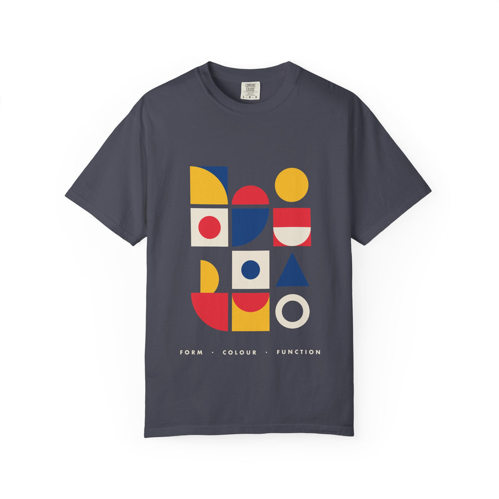 Bauhaus Blocks graphic tee in Navy, original art by AuraCanvas