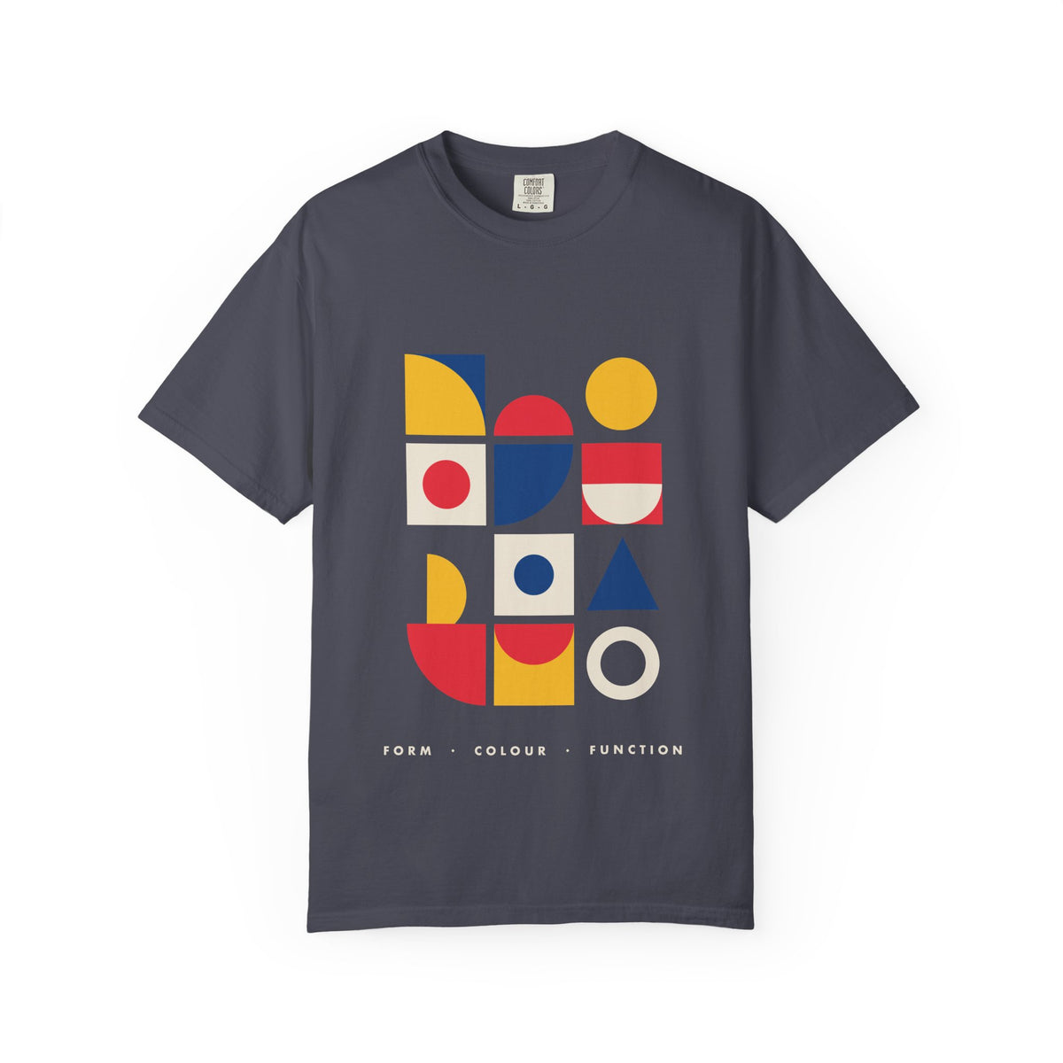 Bauhaus Blocks graphic tee in Navy, original art by AuraCanvas