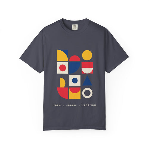 Bauhaus Blocks graphic tee in Navy, original art by AuraCanvas