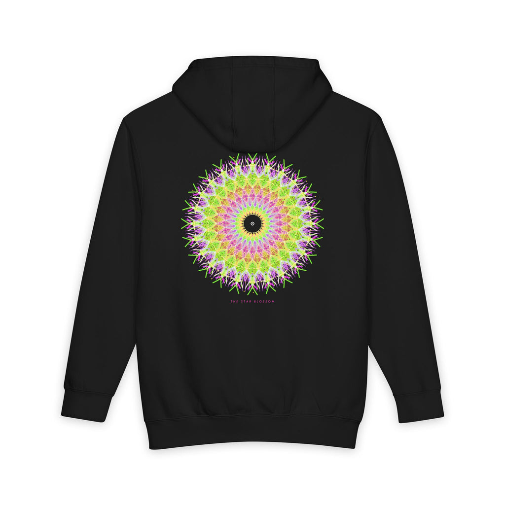 The Star Blossom heavyweight hoodie in Black, original art by AuraCanvas