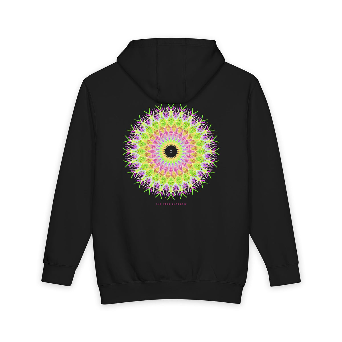 The Star Blossom heavyweight hoodie in Black, original art by AuraCanvas