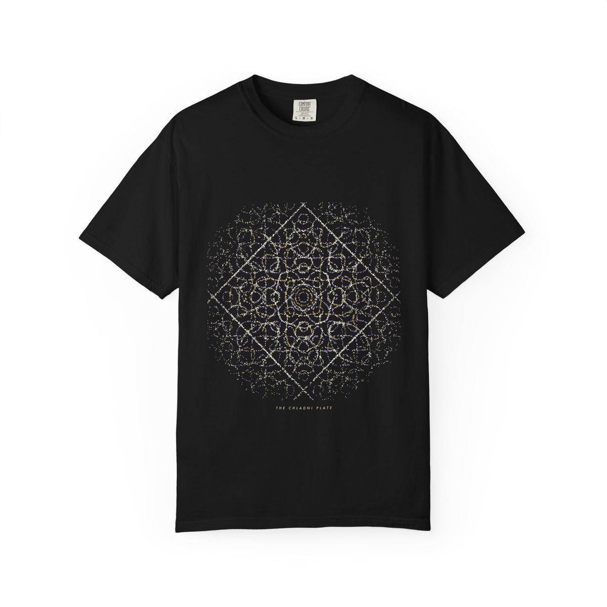 The Chladni Plate graphic tee in Black, original art by AuraCanvas