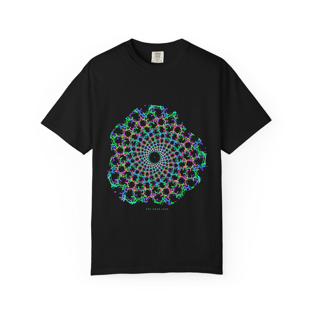 The Gear Lace graphic tee in Black, original art by AuraCanvas