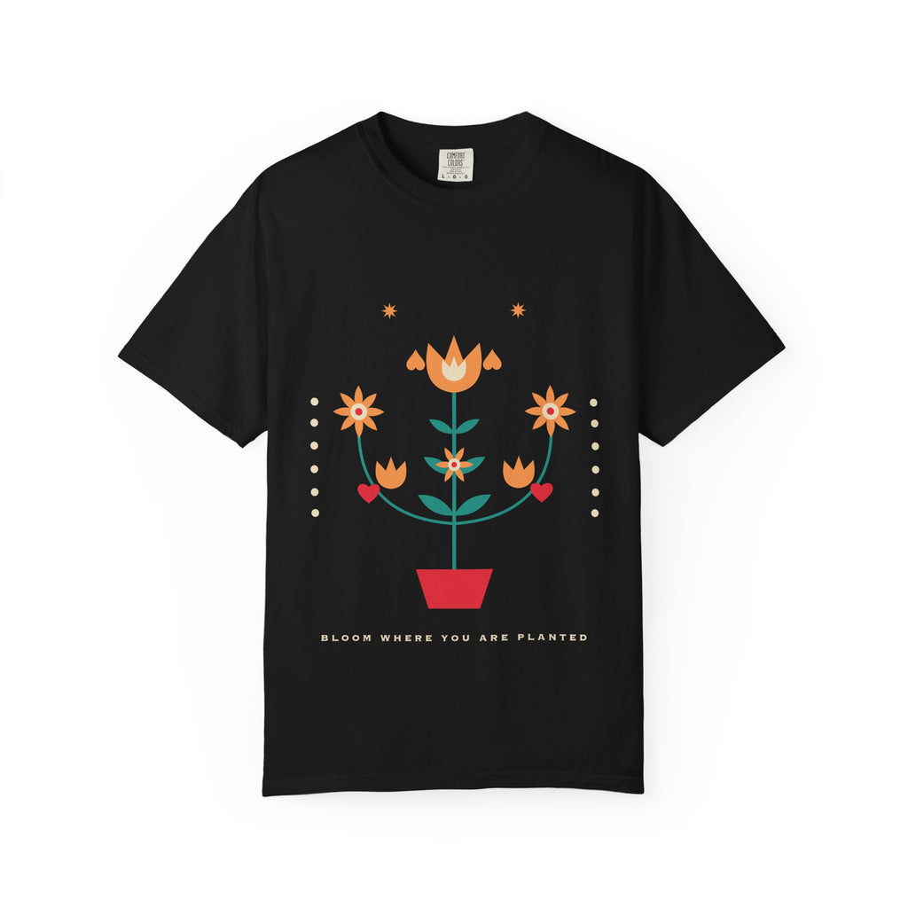 Folk Bloom graphic tee in Black, original art by AuraCanvas