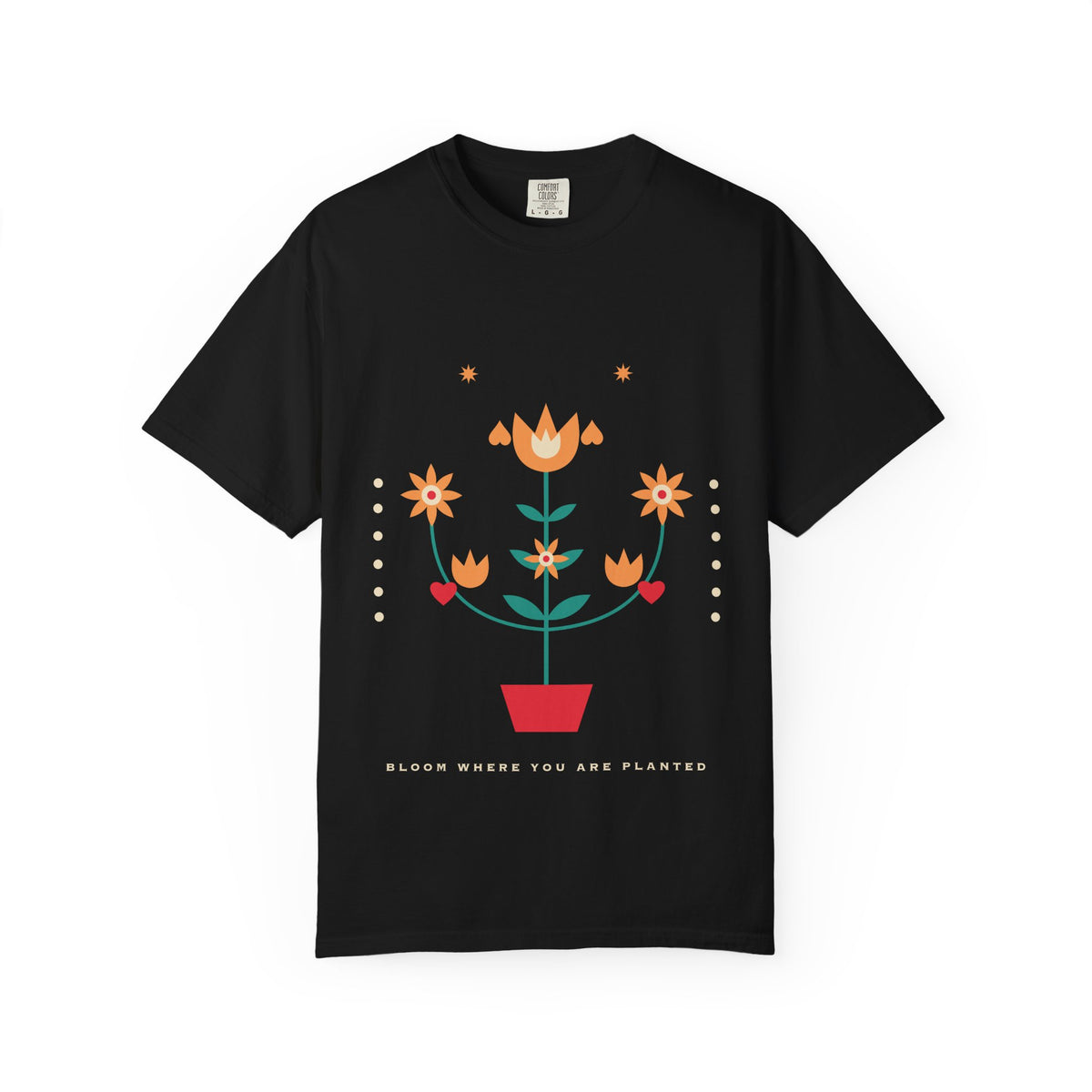 Folk Bloom graphic tee in Black, original art by AuraCanvas