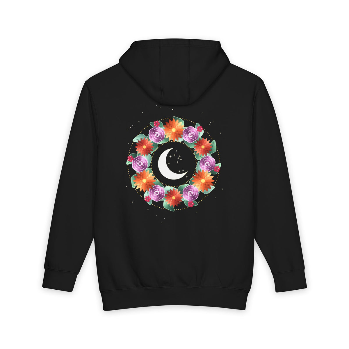 Night Wreath heavyweight hoodie in Black, original art by AuraCanvas