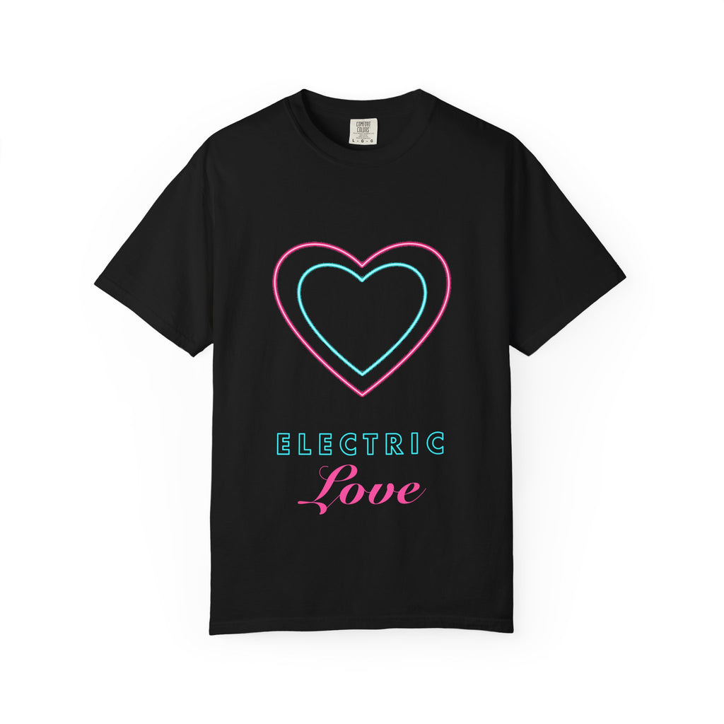 Electric Love graphic tee in Black, original art by AuraCanvas