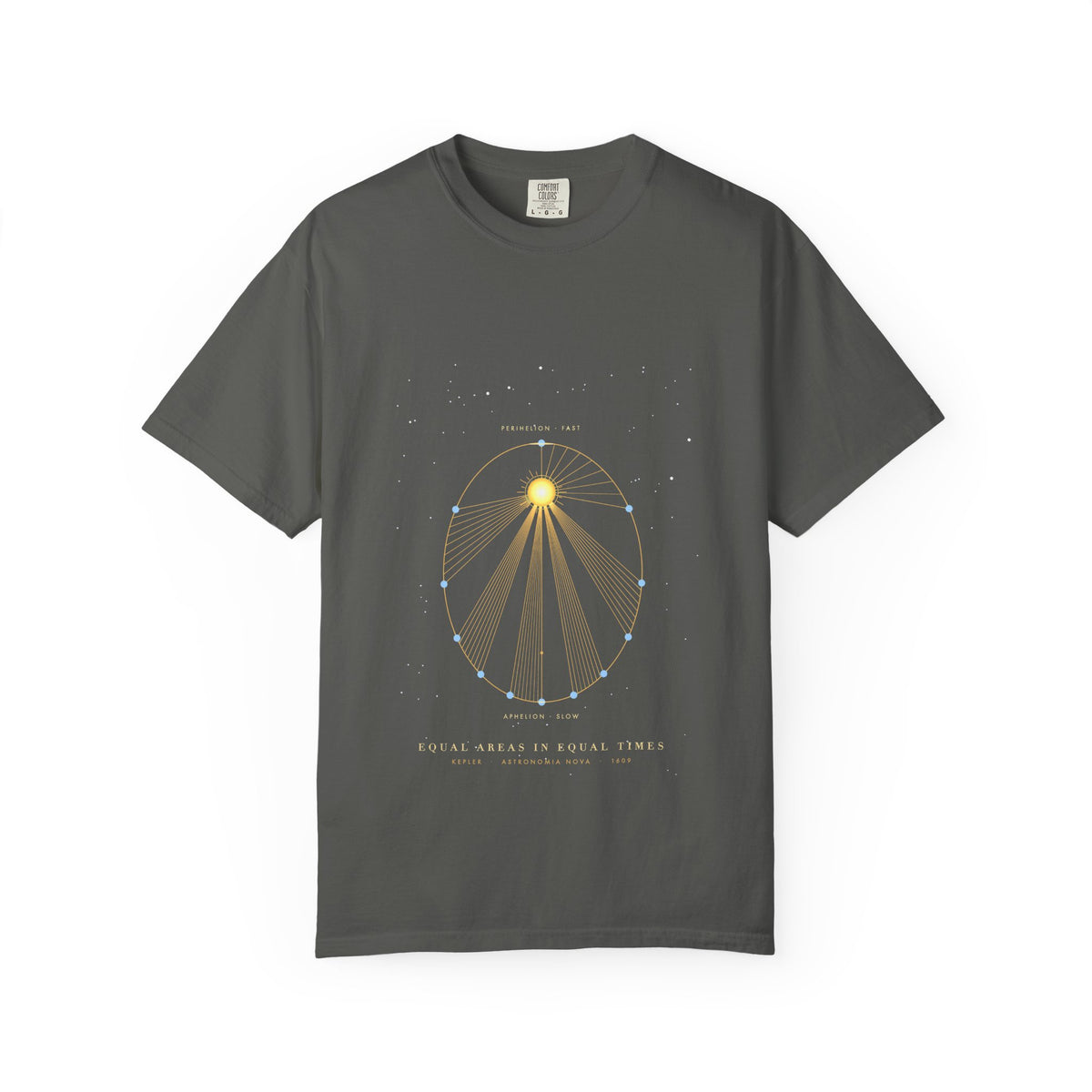 Kepler's Second Law graphic tee in Pepper, original art by AuraCanvas