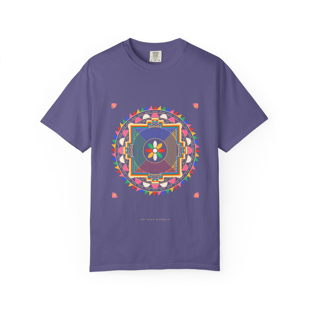 The Sand Mandala graphic tee in Grape, original art by AuraCanvas