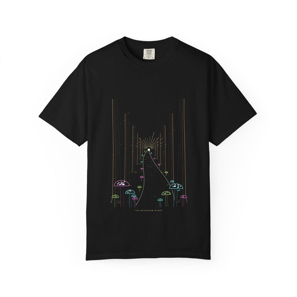 The Mushroom Glade graphic tee in Black, original art by AuraCanvas