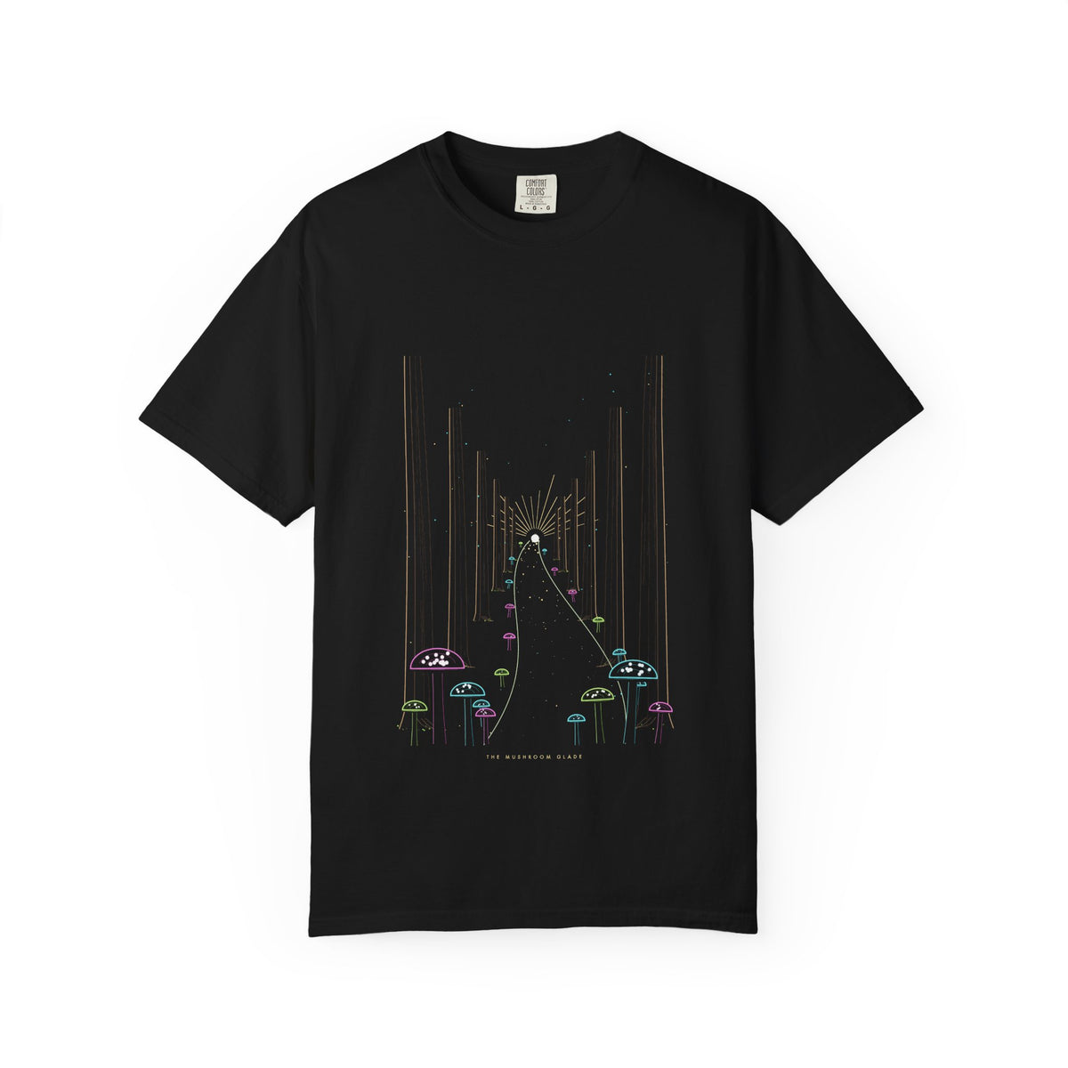 The Mushroom Glade graphic tee in Black, original art by AuraCanvas