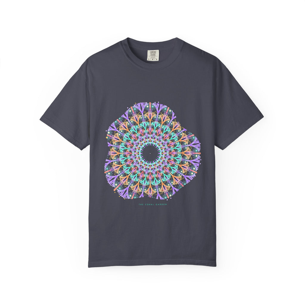 The Coral Garden graphic tee in Navy, original art by AuraCanvas