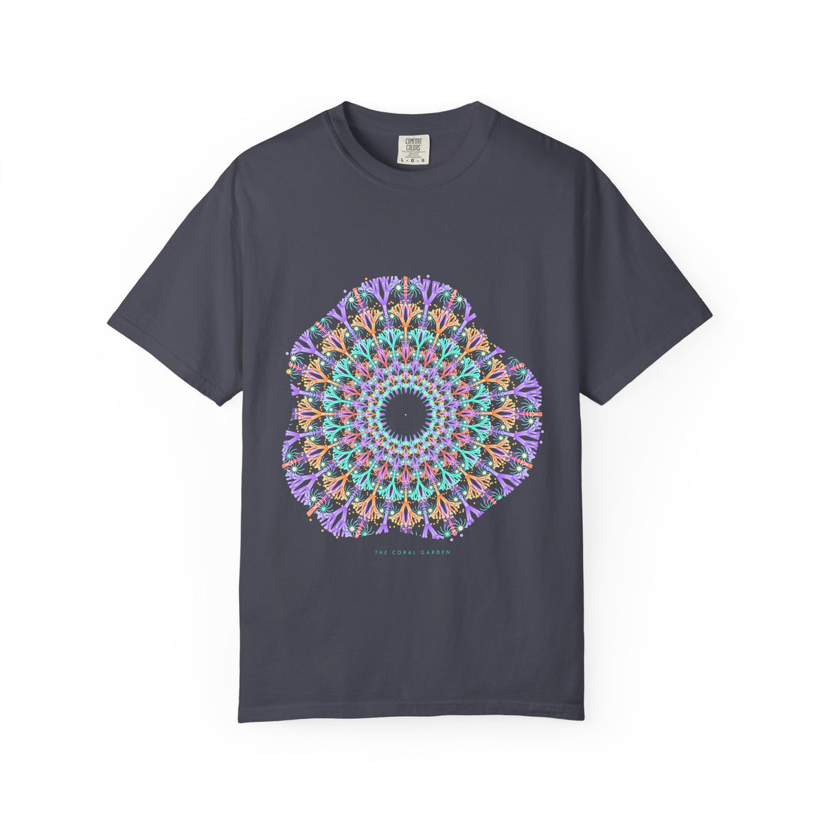 The Coral Garden graphic tee in Navy, original art by AuraCanvas