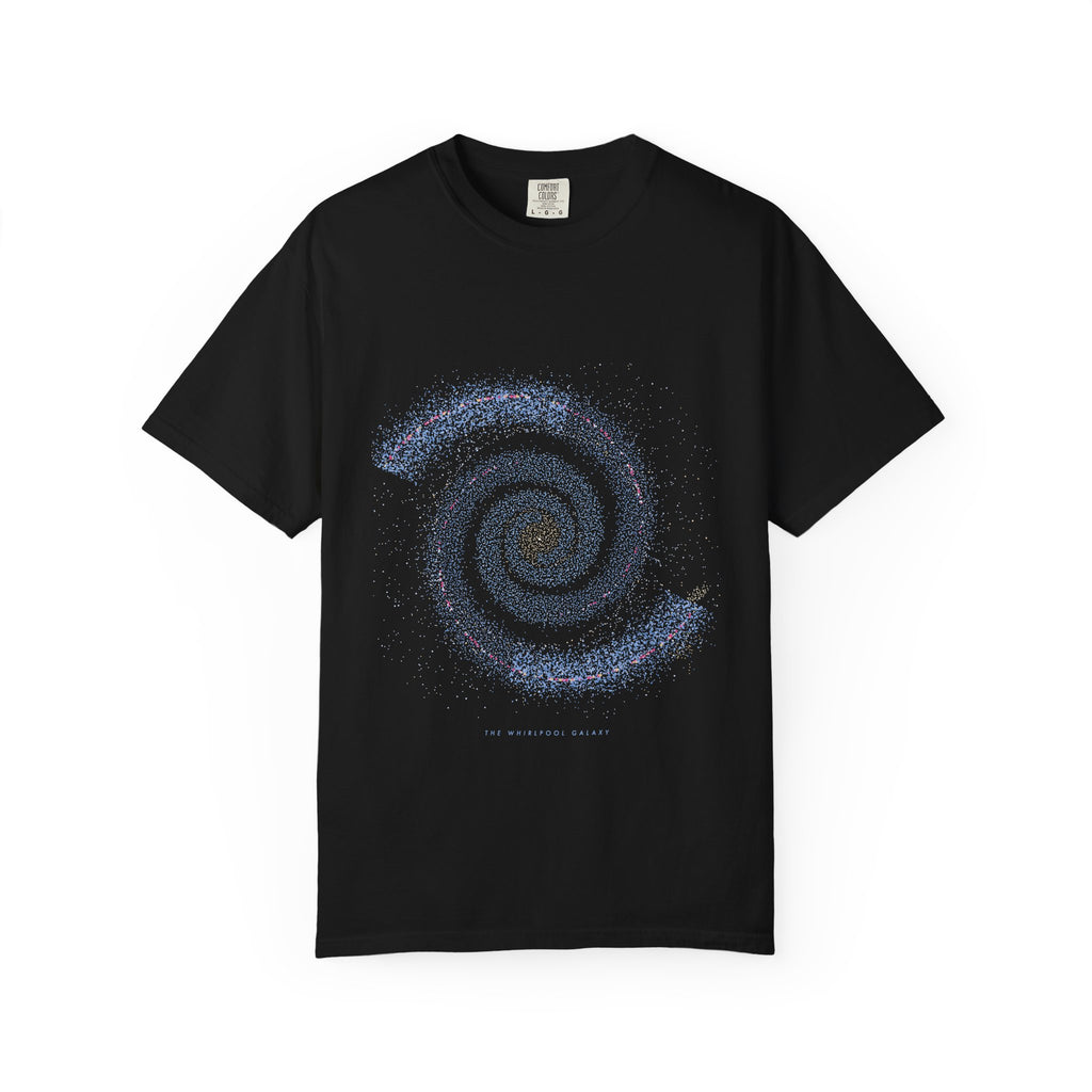 The Whirlpool Galaxy graphic tee in Black, original art by AuraCanvas
