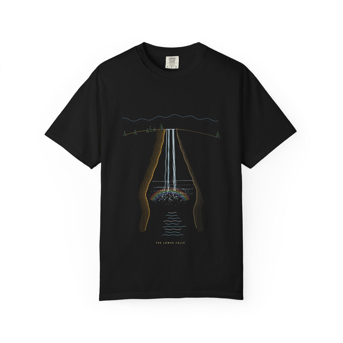 The Lower Falls graphic tee in Black, original art by AuraCanvas