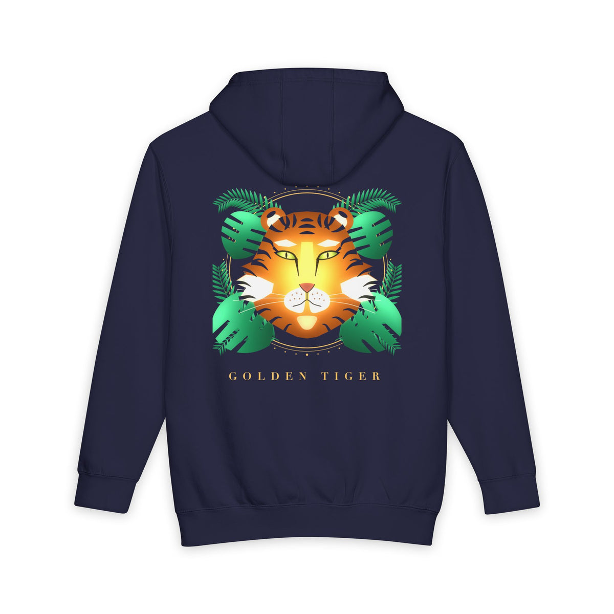 Golden Tiger heavyweight hoodie in Navy Blue, original art by AuraCanvas