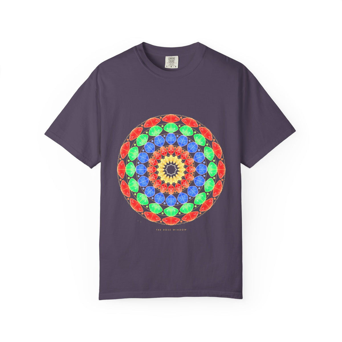 The Rose Window graphic tee in Wine, original art by AuraCanvas