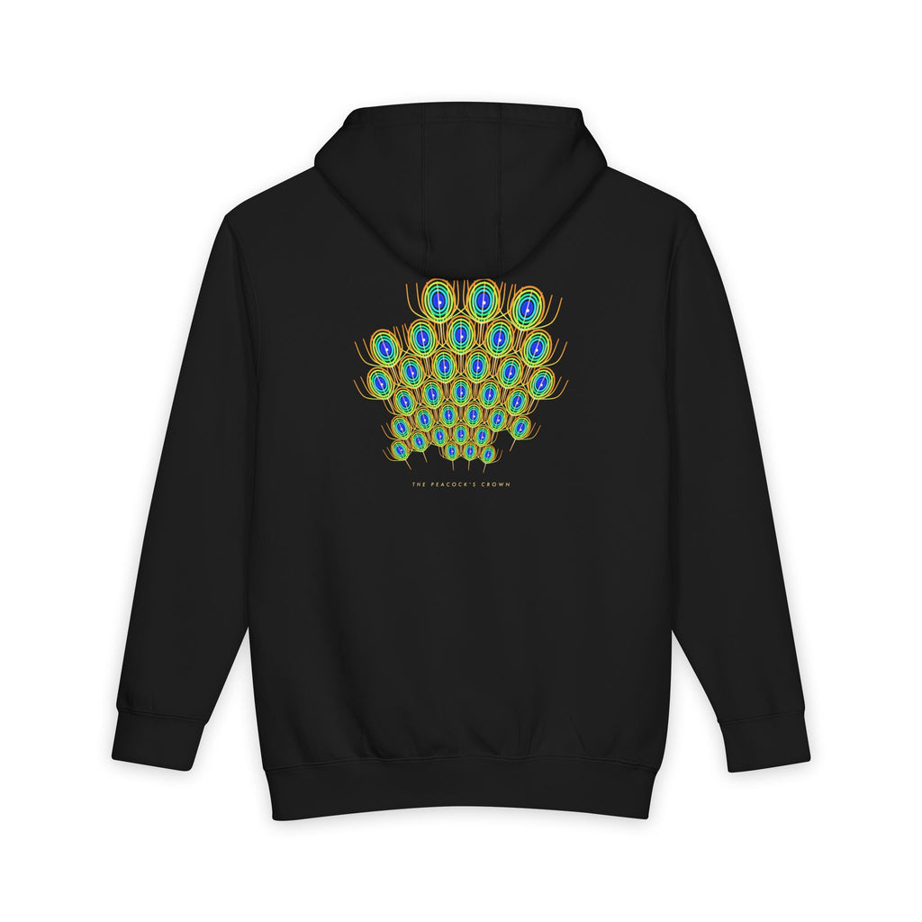 The Peacock's Crown heavyweight hoodie in Black, original art by AuraCanvas