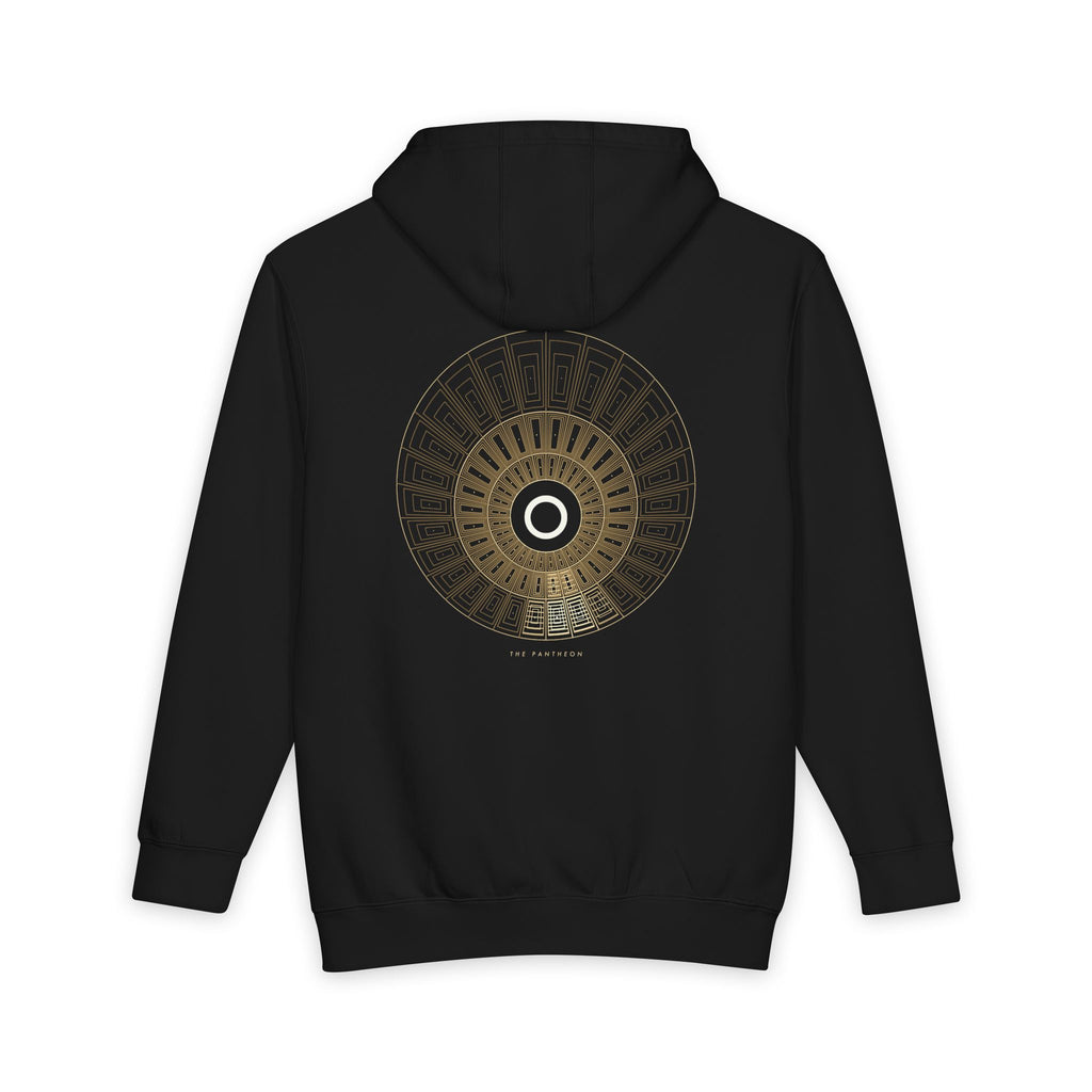 The Pantheon heavyweight hoodie in Black, original art by AuraCanvas