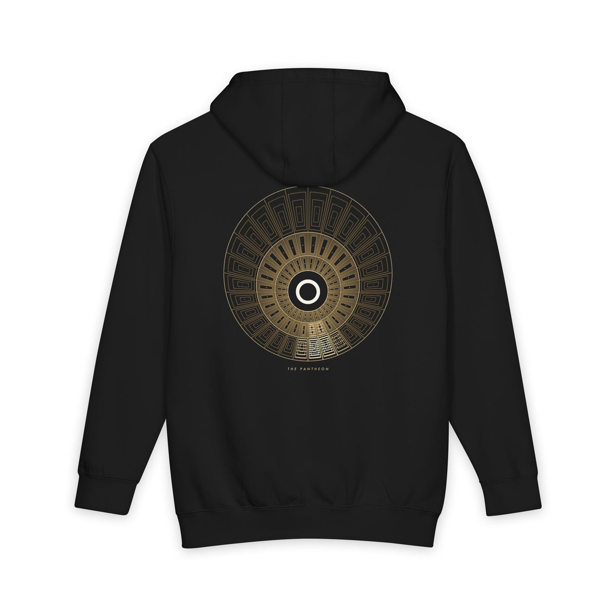 The Pantheon heavyweight hoodie in Black, original art by AuraCanvas