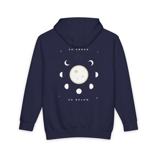 As Above, So Below heavyweight hoodie in Navy Blue, original art by AuraCanvas